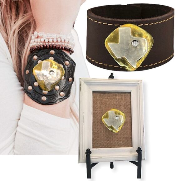 Handcrafted Silver Tone Texas Clear Glass Stud on Hammered Brass Brooch - Picture 8 of 16